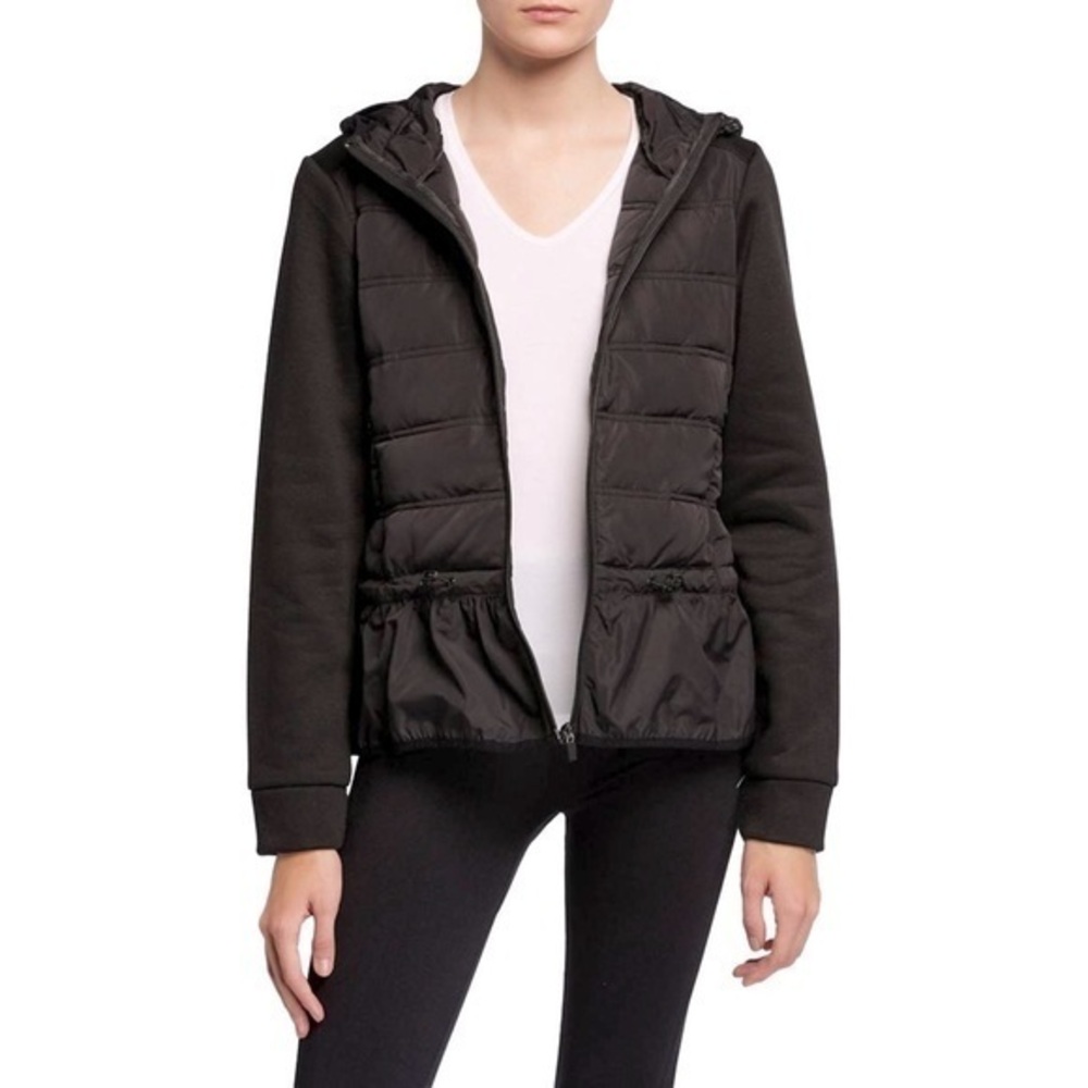 BCBGMAXAZRIA Quilted Hybrid Peplum Hooded Jacket Black Women Size S‎